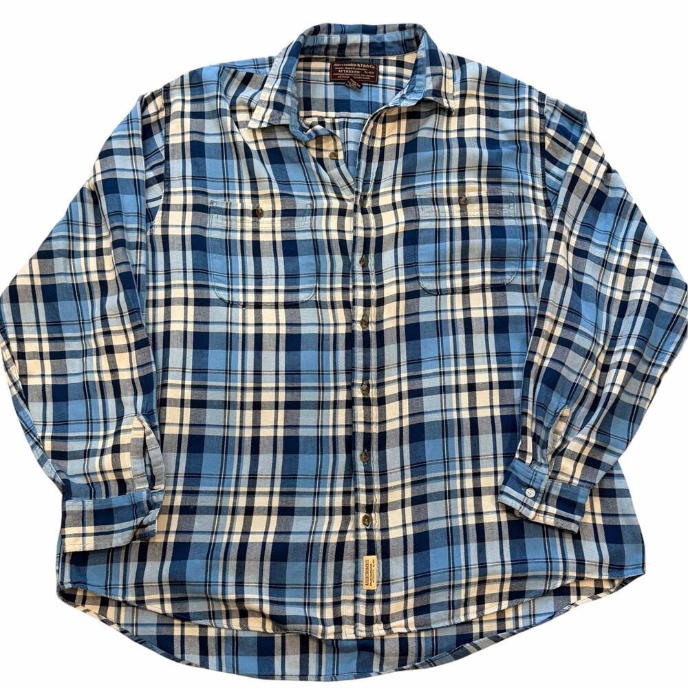 Vintage Abercrombie & Fitch Light Blue & Cream Plaid Cotton Button Up Relaxed XL